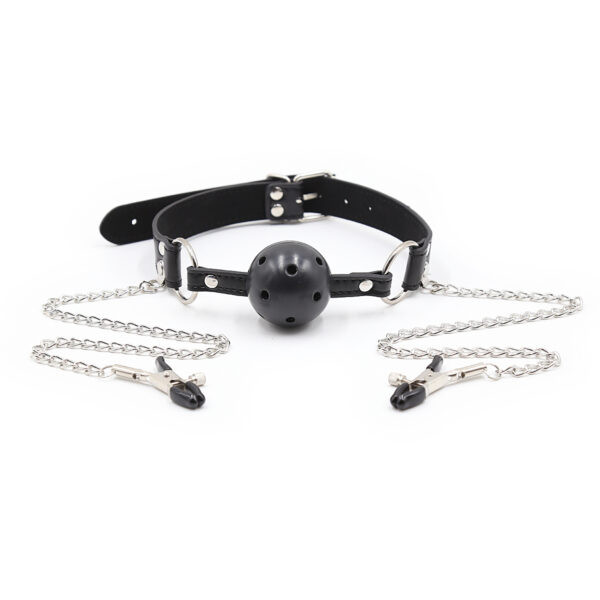 Ball Gag with Nipple Clamps Black