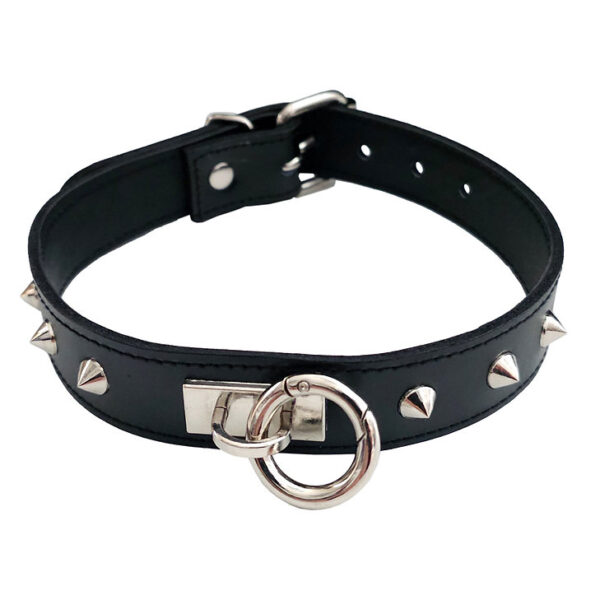 Leather O-Ring (removable) Thin Studded Collar Black