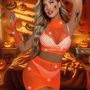 Skirt, Top + Gloves Set with Rhinestones S/L - Orange