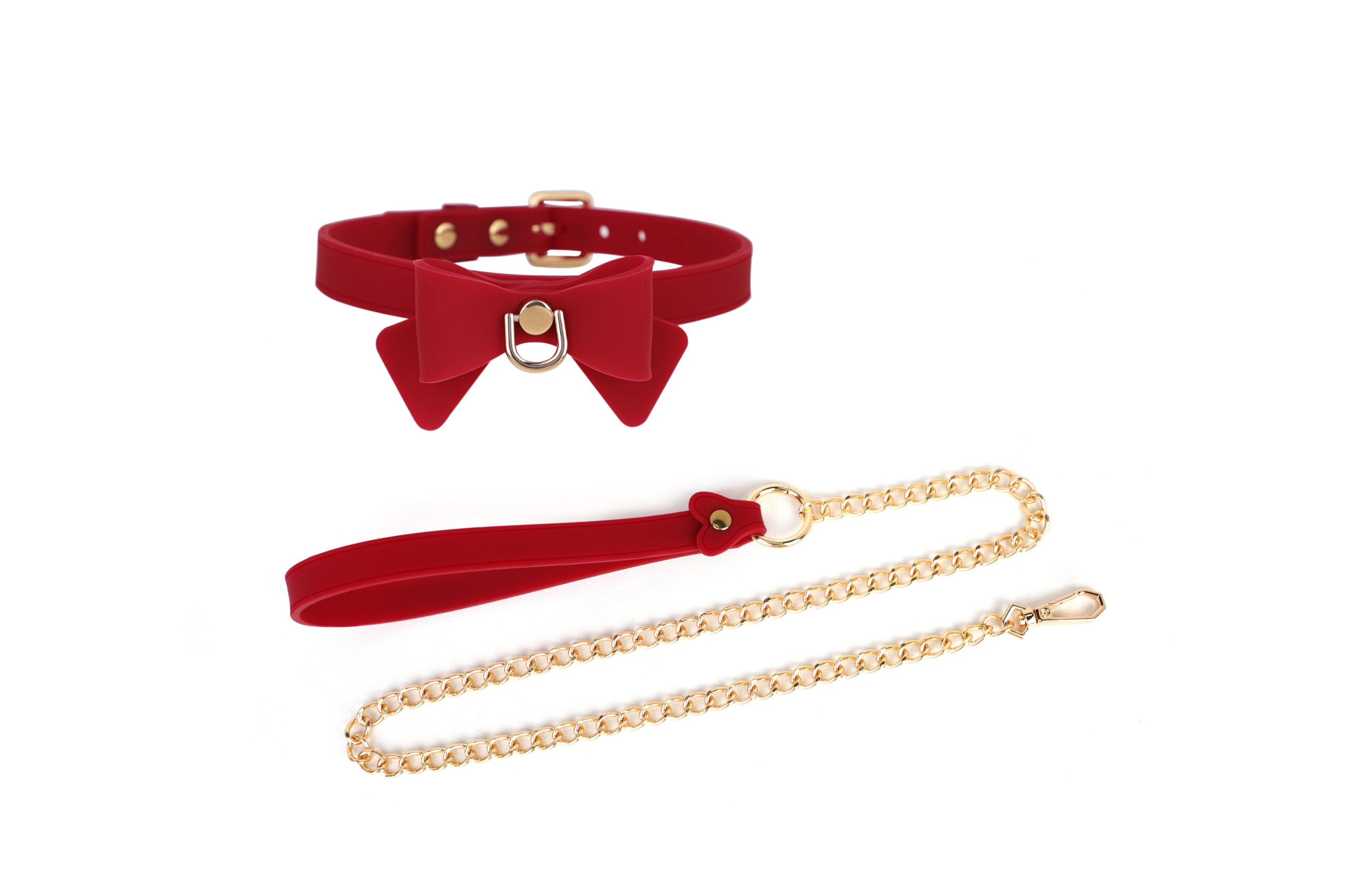 Silicone Collar with Bow, Leash and Chains Red